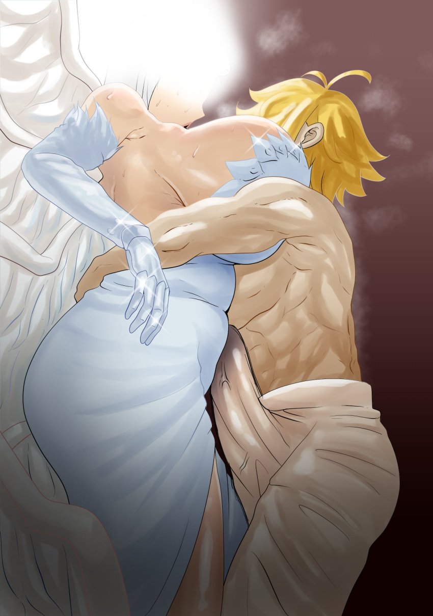 1boy 1girls abs angel bare_shoulders big_breasts blush boob_window breasts bulge bulge_fondling bulge_frottage bulge_rubbing bulge_through_clothing cheating cheating_husband cheating_mother daughters_husband demon duo embarrassed erection erection_under_clothes glowing goddess hand_on_hip huge_ass huge_breasts hugging in-lawcest kmvt69 light-skinned_female looking_at_another meliodas milf mother-in-law mother-in-law_and_son-in-law muscular_arms muscular_male nanatsu_no_taizai nervous open_mouth pants pectorals side_view sideboob smile son-in-law supreme_deity sweat the_seven_deadly_sins thick_thighs venus_body voluptuous white_dress white_hair wide_hips wifes_mother wings