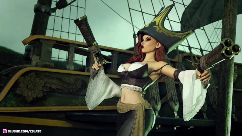 1girls 2023 3d clothed clothing cslate fanart female female_only holding_gun holding_object holding_weapon large_breasts league_of_legends lipstick miss_fortune outdoor outdoors outside pirate_girl pirate_ship red_hair red_lipstick solo solo_female standing