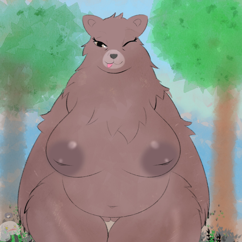 2023 absurd_res age_difference anthro areola bear bedroom_eyes big_breasts biped breasts brown_body brown_eyes brown_fur brown_nipples digital_media_(artwork) eyelashes female forest forest_background fur genitals heart hi_res humanoid inverted_nipples looking_at_viewer mama_mellow_(anotherbearsimp) mammal mature_female miyang_draws! narrowed_eyes nature nature_background neck_tuft nipples older_female one_eye_closed pawpads plant pussy seductive solo standing tongue tongue_out tree tuft