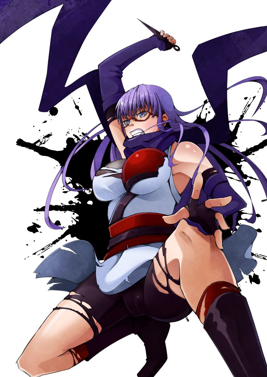 52ikaros arm_up armor bare_shoulders big_breasts bike_shorts boots clenched_teeth crouching elbow_gloves female female_only fingerless_gloves full_body gintama glasses gloves hi_res japanese_clothes kunai kunoichi long_hair ninja obi purple_eyes purple_hair red-framed_glasses sarutobi_ayame scarf solo torn_clothes underboob weapon