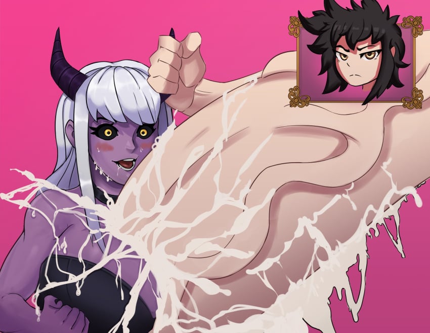 1futa 1girls bangs black_sclera blush bottomless breasts clothed clothing cum cum_on_breasts cumshot demon demon_girl excessive_cum female female_focus futa_on_female futanari gigantic_penis horn_grab horns human humanoid hyper hyper_breasts hyper_penis light-skinned_futanari light_skin long_hair mostly_nude paizuri penis powerslamming purple_skin solo_focus standing succubus thatbrartist white_hair yellow_eyes zanna_(character)