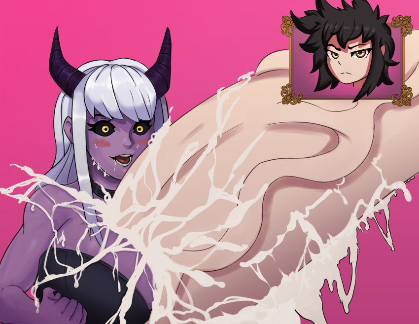 1futa 1girls bangs black_sclera bottomless breasts clothed clothing cum cum_on_breasts cumshot demon demon_girl excessive_cum female female_focus futa_on_female futanari gigantic_penis horn_grab horns human humanoid hyper hyper_breasts hyper_penis light-skinned_futanari light_skin long_hair mostly_nude paizuri penis powerslamming purple_skin solo_focus standing succubus thatbrartist white_hair yellow_eyes zanna_(character)