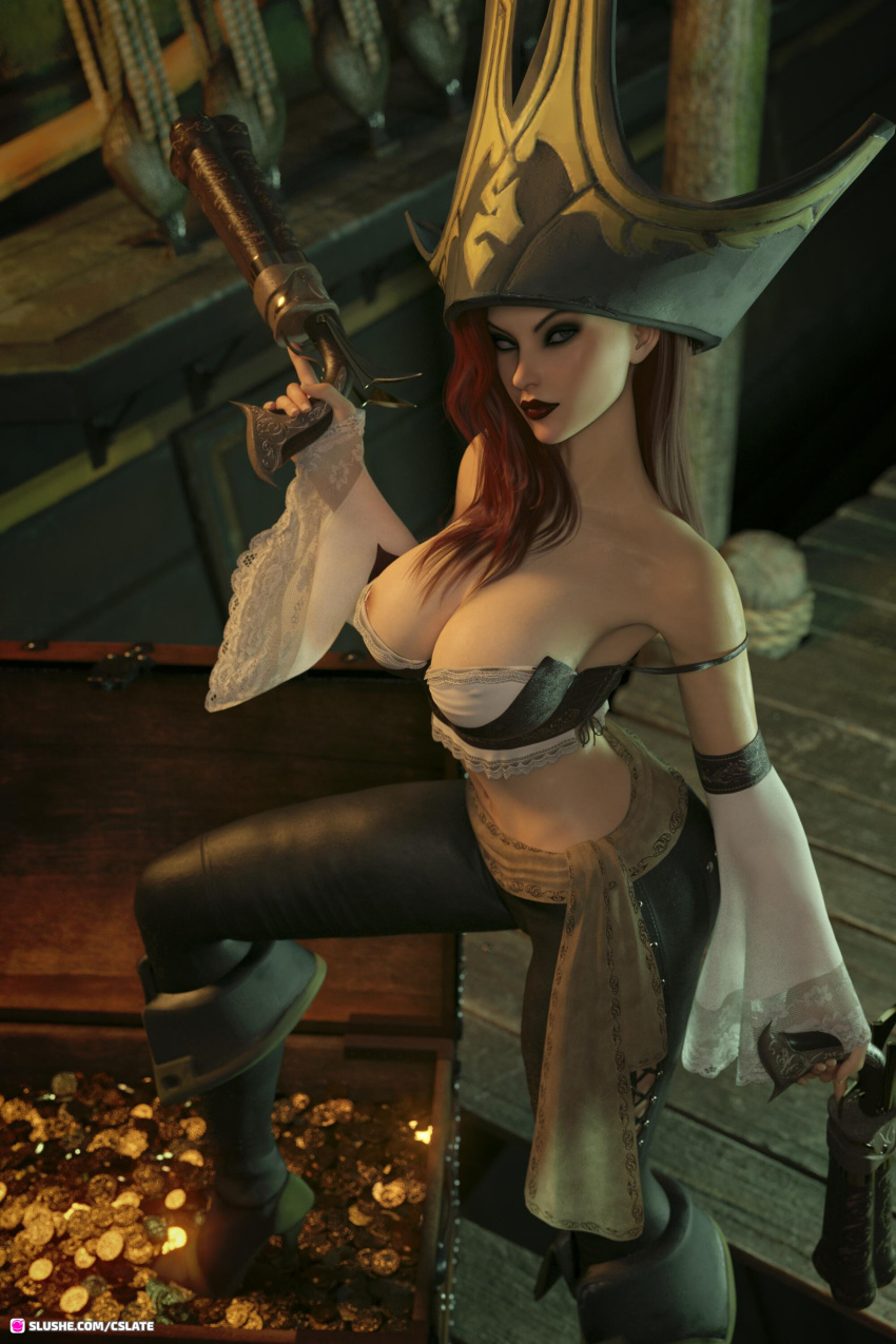 1girls 2023 3d black_pants boots clothed clothing cslate fanart female female_only gold high_heel_boots high_heels holding_gun holding_object holding_weapon large_breasts league_of_legends leg_up lipstick looking_at_viewer miss_fortune money nipple_peek no_bra one_leg_up pants pirate_girl pirate_ship red_hair red_lipstick solo solo_female standing treasure_chest