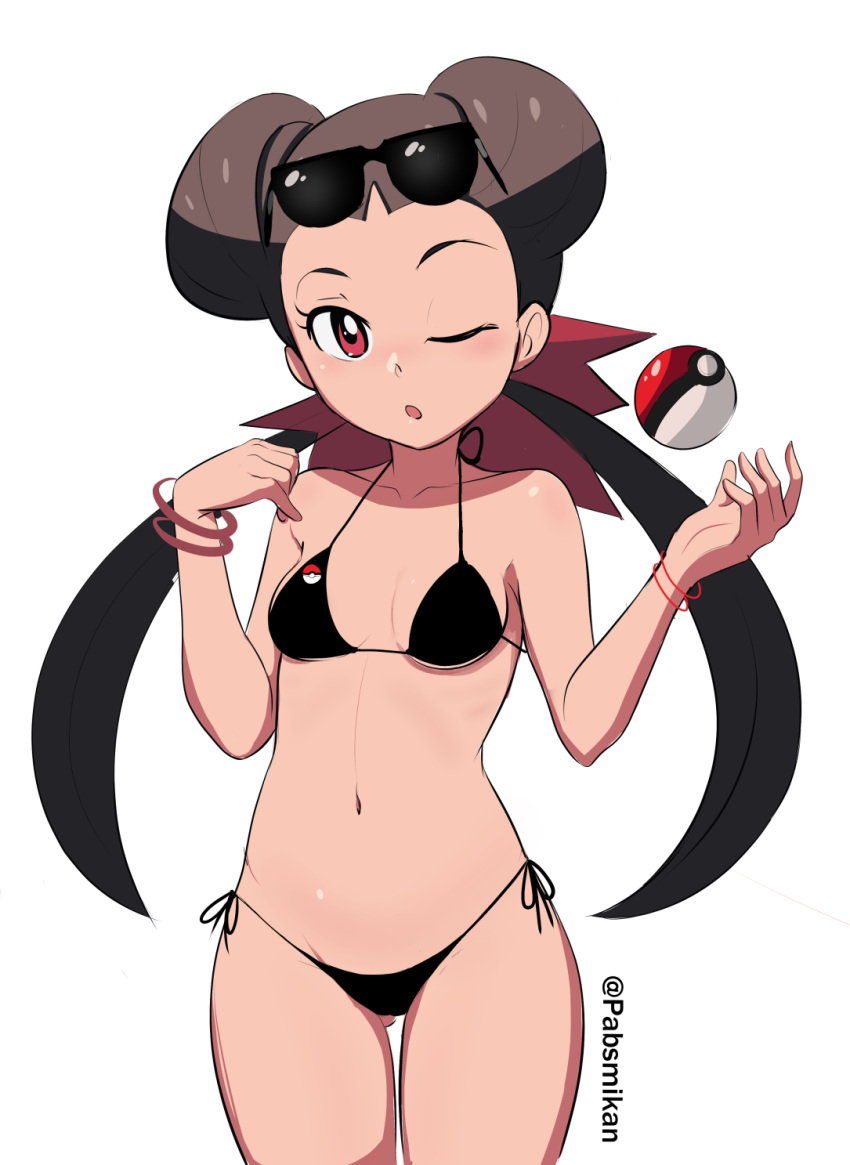 1girls arms_up bikini black_bikini blush bracelet brown_hair clothes double_bun gym_leader hairbun light_skin long_hair navel one_eye_closed open_mouth pabsmikan petite pokeball pokeball_print pokemon pokemon_rse red_eyes red_ribbon ribbon roxanne_(pokemon) roxanne_(pokemon_oras) small_breasts solo standing sunglasses sunglasses_on_head swimsuit thigh_gap twintails watermark white_background