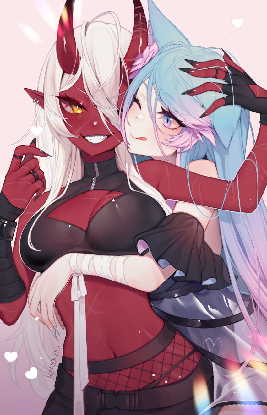 2girls akumi animal_ears blue_eyes blue_hair clothing demon_girl female fishnets gloves hand_on_another's_head horns long_hair looking_at_another midriff multicolored_hair multiple_girls nanoless oni oni_horns pink_hair red_skin silvervale smile sports_bra tagme virtual_youtuber vshojo vyugen white_hair yellow_eyes yuri