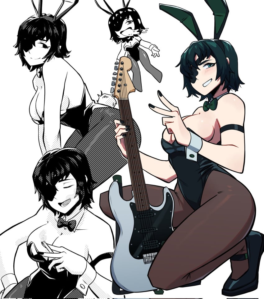 aneurysm.ax big_ass big_breasts black_nails bowtie bunny_ears bunny_tail bunnysuit chainsaw_man character_sheet cleavage detached_collar fake_animal_ears female female_only fishnet_pantyhose fishnets guitar heels himeno_(chainsaw_man) leotard light-skinned_female mappa nail_polish painted_nails pantyhose peace_sign sideboob stockings v