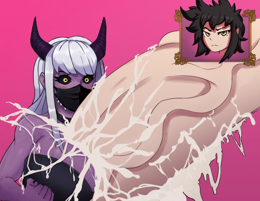 1futa 1girls bangs black_sclera bottomless breasts clothed clothing cum cum_on_breasts cumshot demon demon_girl excessive_cum female female_focus futa_on_female futanari gigantic_penis horn_grab horns human humanoid hyper hyper_breasts hyper_penis light-skinned_futanari light_skin long_hair mask mostly_nude paizuri penis powerslamming purple_skin solo_focus standing succubus thatbrartist white_hair yellow_eyes zanna_(character)