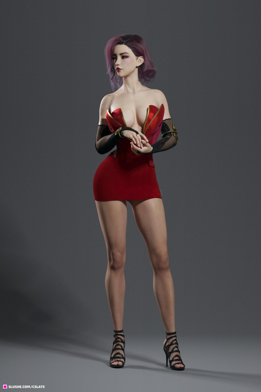 1girls 2023 3d black_high_heels clothed clothing cslate dress female female_only gray_background grey_background high_heels large_breasts lipstick no_bra original_character purple_hair red_dress red_lipstick solid_color_background solo solo_female standing suada_(cslate)