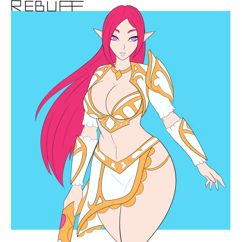 1girls 2d alternate_costume alternate_hairstyle big_breasts breasts cleavage female gun hi-rez_studios high_elf_lian lian_(paladins) light-skinned_female light_skin paladins paladins_champions_of_the_realm pointy_ears rebuffedtax614 solo solo_female weapons