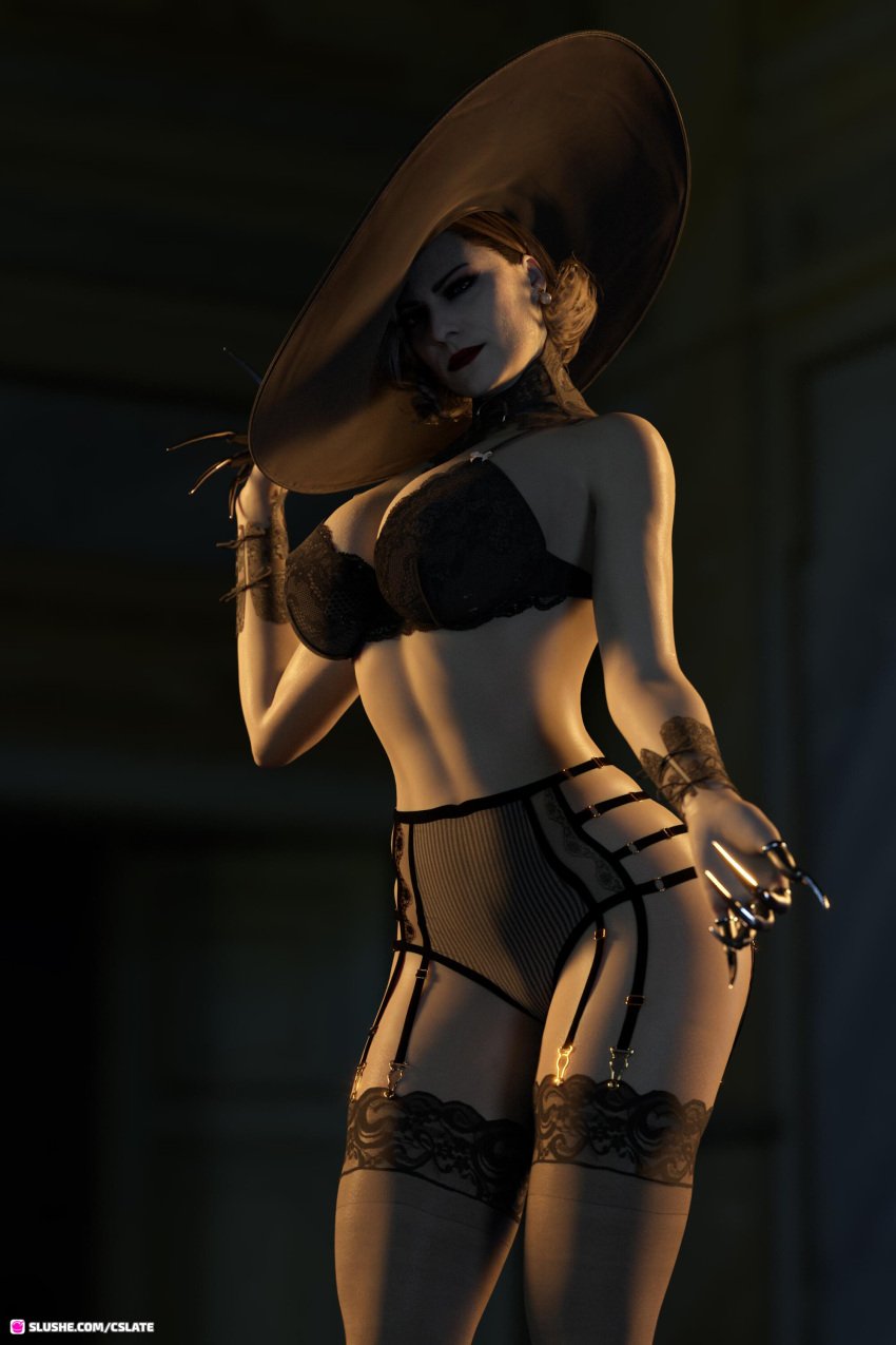 1girls 2023 3d alcina_dimitrescu black_bra black_hair black_hat black_lingerie bra cslate fanart female female_only garter_belt garter_straps gray_body grey_body grey_skin hat large_breasts lingerie lipstick mature mature_female milf panties red_lipstick resident_evil resident_evil_8:_village solo solo_female standing thighhighs