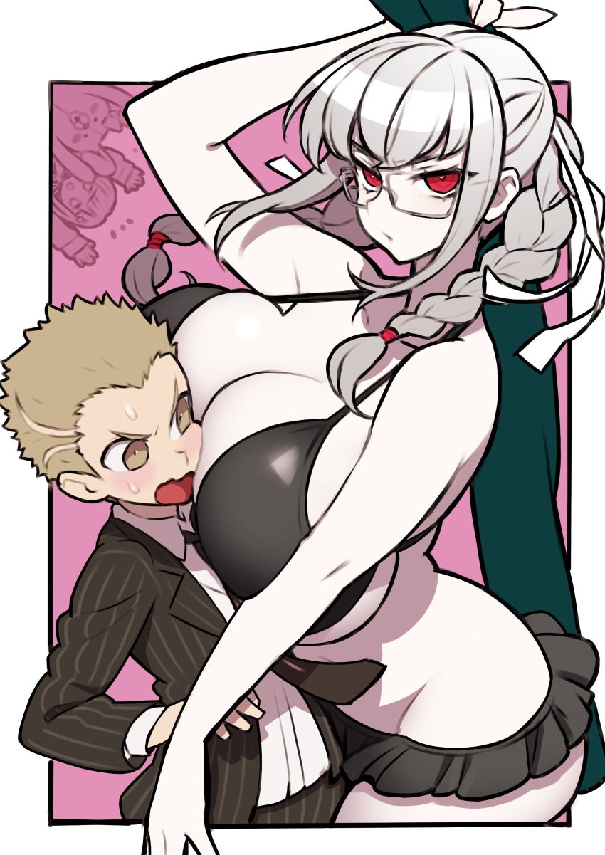 big_breasts bikini black_bikini black_jacket braids breast_squeeze breasts busty danganronpa danganronpa_2:_goodbye_despair female fuyuhiko_kuzuryuu glasses grey_hair hair_ribbon huge_breasts jacket kakuzato large_breasts larger_female looking_at_viewer miniskirt necktie pekoyama_peko red_eyes revealing_clothes ribbon satousatotototo size_difference smaller_male straight_hair swimsuit swimwear twin_braids voluptuous voluptuous_female white_hair white_ribbon