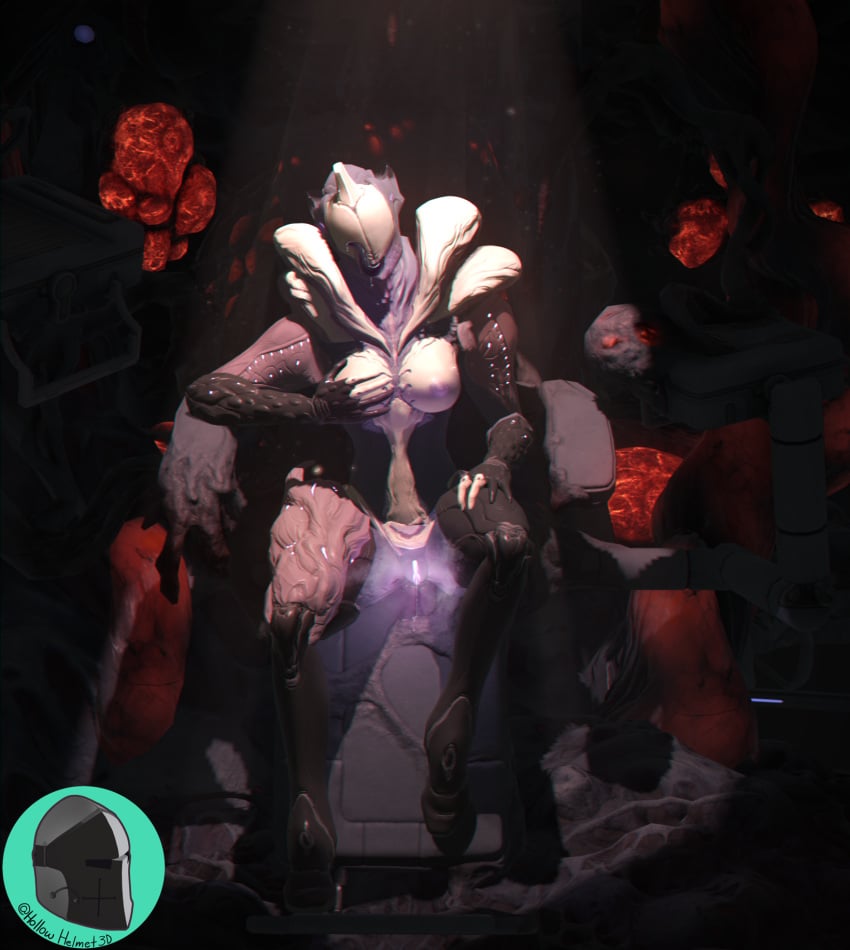 alternate_version_available glowing_genitalia glowing_pussy hollowhelmet leaking_pussy saryn_(warframe) steamy_pussy tongue tongue_out warframe