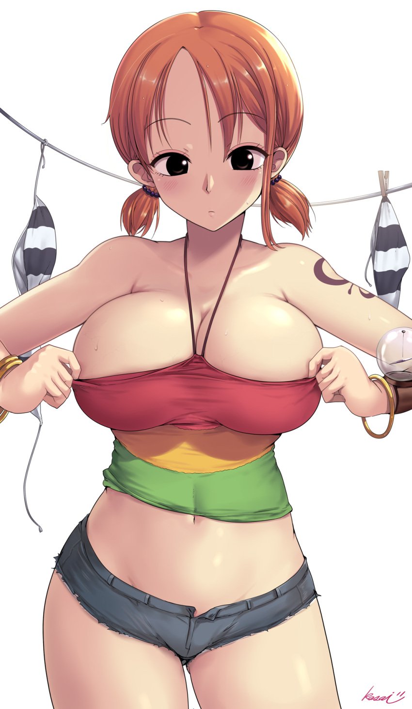 1girl 1girls adjusting_clothes arm_tattoo bangle bare_arms bare_shoulders barely_contained black_eyes blush booty_shorts bracelet breasts cleavage closed_mouth clothesline collarbone commentary cowboy_shot crop_top curvy cutoffs female female_focus female_only gigantic_breasts gluteal_fold highres jean_shorts jewelry kasai_shin large_breasts light-skinned_female light_skin log_pose looking_at_viewer low_twintails midriff nami nami_(one_piece) navel one_piece one_piece:_strong_world one_piece_film_strong_world open_fly orange_hair parted_bangs pre-timeskip pre_timeskip short_hair short_shorts short_twintails shorts signature simple_background slim_waist solo solo_female solo_focus sweat tank_top tattoo thighs twintails white_background