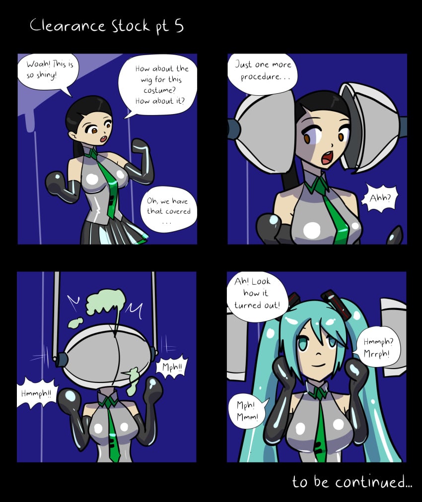 2022 2:3 2:3_ratio 4_panel_comic bare_shoulders black_skirt blue_hair blue_hair_female comic comic_page deviantart english_text hatsune_miku_(cosplay) latex latex_encasement light_blue_hair long_blue_hair long_hair long_hair_female medium_breasts page_5 parangsakti pswkua skirt text