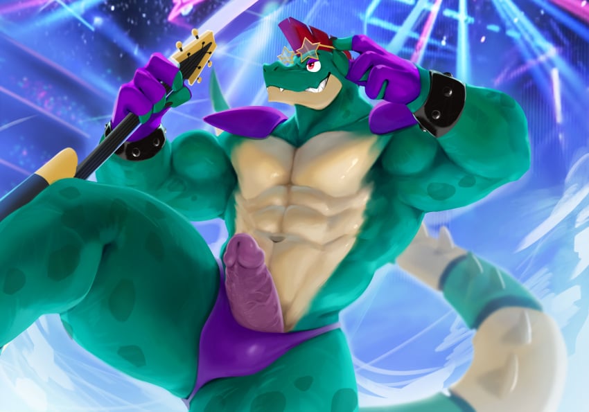 1boy 2022 alligator alligatorid animatronic anthro big_penis boner clothing crocodilian erection eyewear eyewear_on_head five_nights_at_freddy's five_nights_at_freddy's:_security_breach genitals green_body hair hi_res machine male male_only mohawk montgomery_gator_(fnaf) muscular muscular_anthro muscular_male nude pecs penis red_hair reptile robot scalie scottgames shoulder_pads solo speedo sunglasses sunglasses_on_head swimwear video_games wolfanine