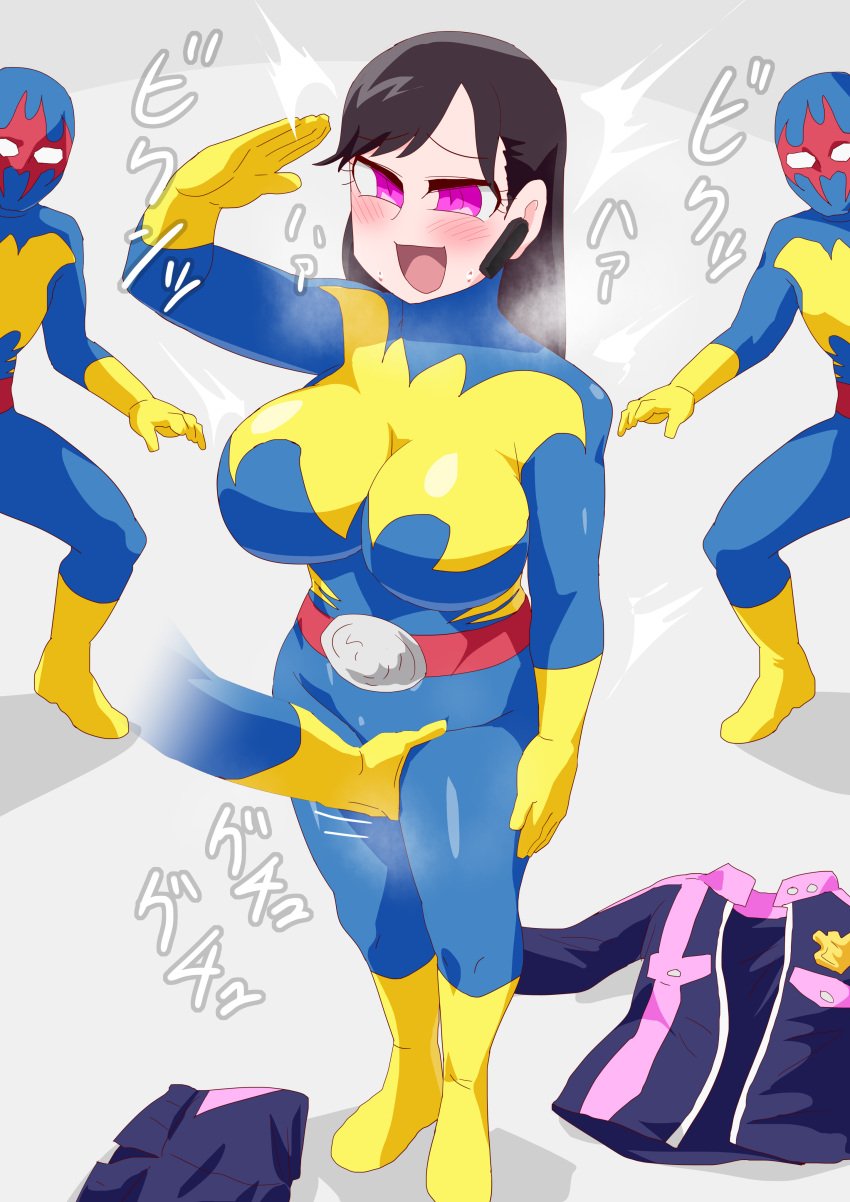 ahe_gao big_breasts black_hair blue_suit blush kaitou_sentai_lupinranger_vs._keisatsu_sentai_patranger masturbation otokam1117 pink_eyes super_sentai