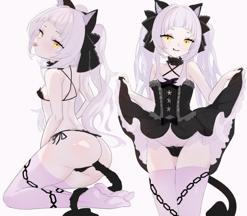 :d :p absurdres anal_tail animal_ears ass back bare_shoulders black_bra black_dress black_panties blush bra breasts buttplug_tail cameltoe cat_ears cat_tail chains clothes_lift dress dress_lift fake_tail female highres hololive hololive_gen_2 hololive_japan kladd kneeling lifted_by_self looking_at_viewer murasaki_shion open_mouth panties purple_hair purple_thighhighs side-tie_panties simple_background skirt_lift sleeveless sleeveless_dress small_breasts smile tail thighhighs tongue tongue_out twintails underwear virtual_youtuber white_background yellow_eyes