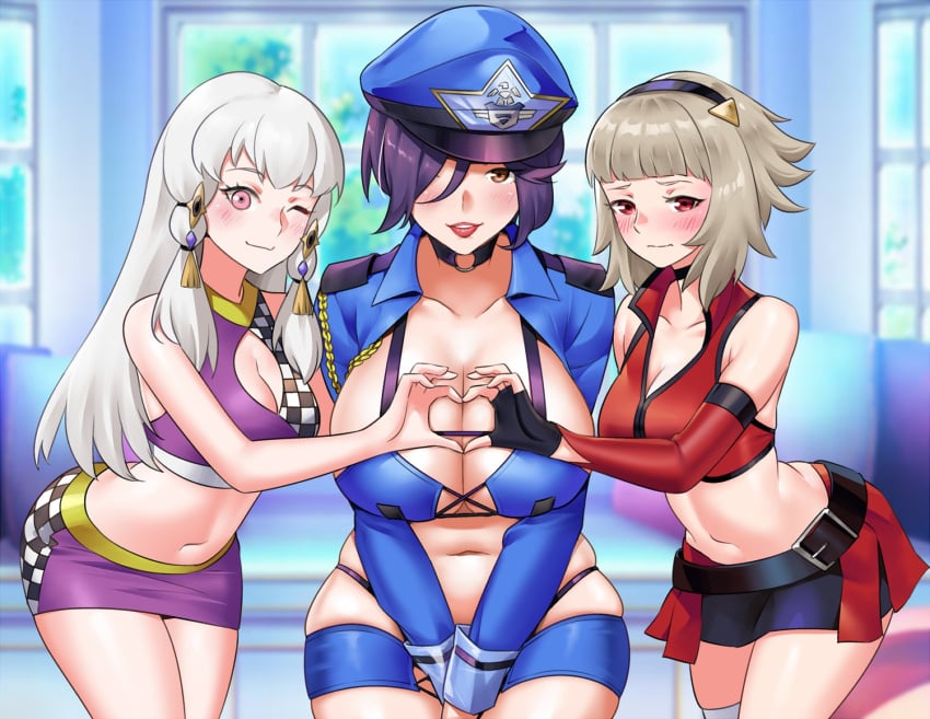 3girls ;) alternate_costume alternate_hairstyle bikini black_gloves blue_headwear blush breasts cleavage crop_top elbow_gloves embarrassed female female_only fingerless_gloves fire_emblem fire_emblem:_three_houses fire_emblem_heroes gloves grey_hair hat heart heart_hands heart_hands_duo highres igni_tion kiran_(female)_(fire_emblem) kiran_(fire_emblem) kiran_(fire_emblem)_(female) large_breasts lysithea_von_ordelia medium_breasts midriff miniskirt multiple_girls navel nintendo official_alternate_hairstyle one_eye_closed open_shirt police_hat police_uniform policewoman purple_hair race_queen short_shorts shorts skirt sleeveless smile veronica_(fire_emblem) white_hair