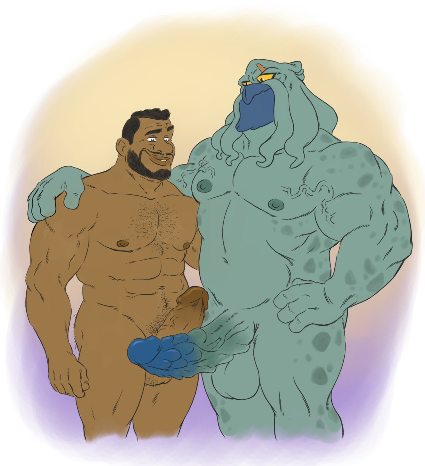 abs anthro balls beak beard big_balls big_penis black_hair body_hair chest_hair duo eye_scar facial_hair facial_scar furryrevolution gay genitals green_body hair hand_on_shoulder hi_res human human_on_anthro interspecies larger_anthro larger_male looking_at_genitalia looking_at_penis male male/male male_only mammal mollusk muscular muscular_anthro muscular_male navel nipples nude pecs penis pseudo_hair scar size_difference smaller_human smaller_male tentacle tentacle_hair tentacle_maw yaoi