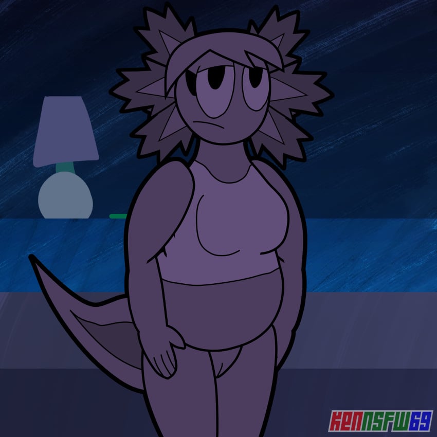 axolotl axolotl_girl belly belly_overhang big_belly big_boobs big_breasts boobs bottomless chubby chubby_female kenmazu95 krissy_tertis overweight pussy salamander_(amphibian) thick_thighs topwear tummy vagina white_shirt