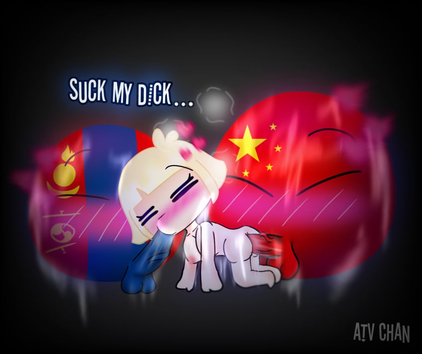 amber_slivstone atv_chan(artist) blonde_hair blushed breath_cloud chibi china china_(polandball) countryballs cum cum_on_penis dark_grey_background double_penetration female heart heart-shaped_ahoge mascot mongolia mongolia_(polandball) naked nipple penis polandball sweating twitter vignette