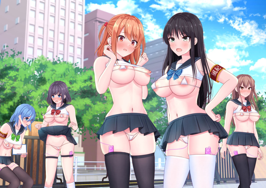 5girls absurd_res absurdres altered_common_sense alternate_costume areola_slip blush breasts character_request common_sense_change egg_vibrator embarrassed femsub hypnosis hypnosis_app micro_bikini microskirt mind_control miniskirt multiple_girls nipple_slip outdoors parody public revealing_clothes sailor_collar school_uniform schoolgirl sex_toy short_skirt skirt skirt_lift small_clothes textless textless_version thigh_strap thighhighs unaware unaware_hypnosis useless_clothing vibrator vibrator_in_pussy zerodo