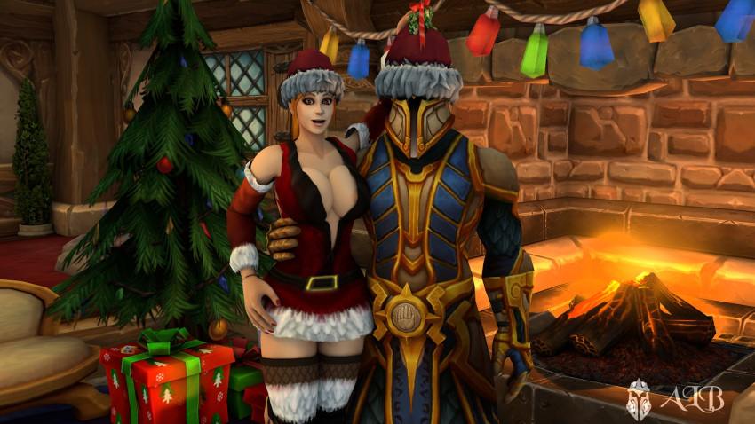 1boy 1girls 3d azuca blizzard_entertainment blonde_hair christmas human human_(world_of_warcraft) justicar_alberto justicaralb light-skinned_female light-skinned_male light_skin nipple_slip original_character ponytail santa_costume santa_hat stockings warcraft winter_veil world_of_warcraft