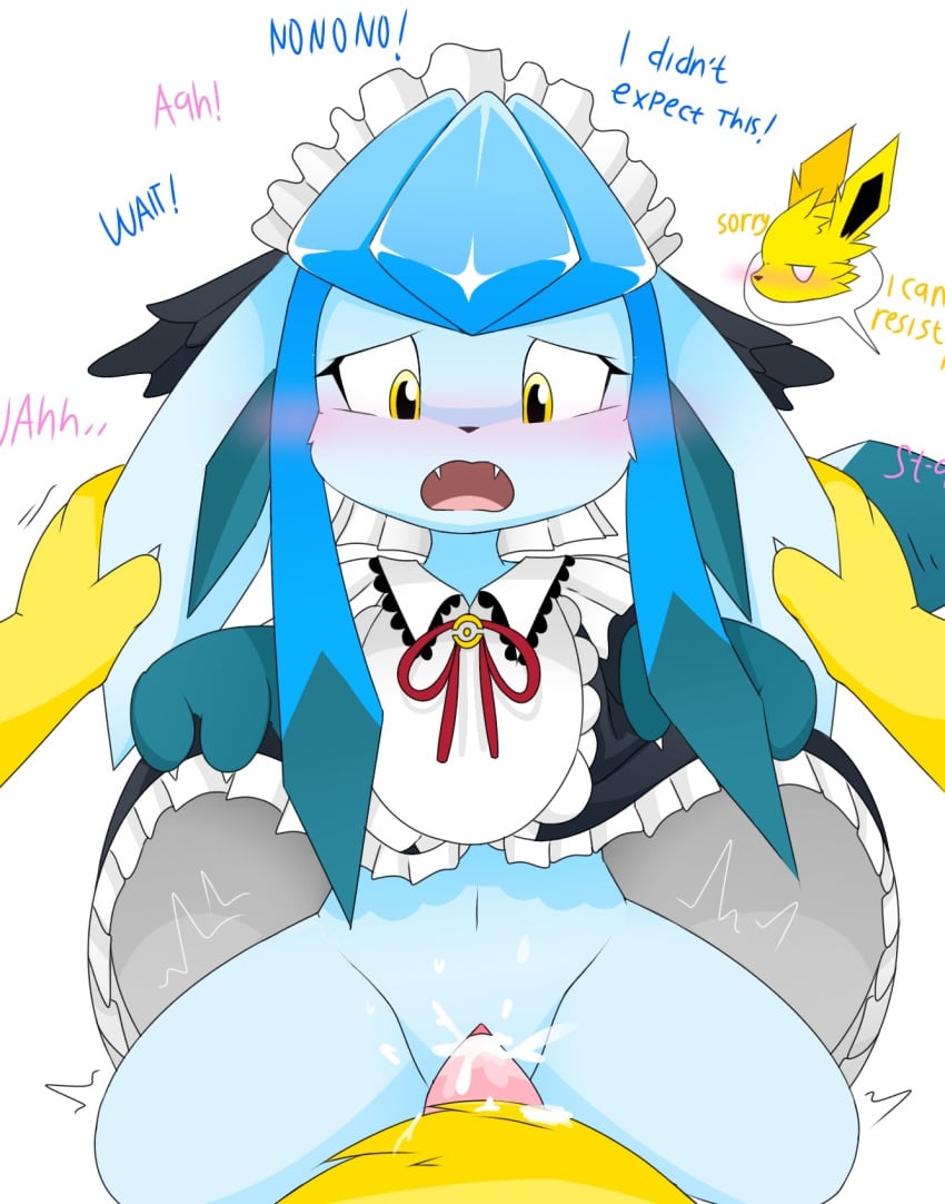 anthro blue_body blush bodily_fluids clothed clothing cum cum_in_pussy cum_inside dialogue duo eeveelution english_text female female_penetrated first_person_view generation_1_pokemon generation_4_pokemon genital_fluids glaceon hi_res impregnation jolteon leaking_cum looking_at_viewer male male/female male_penetrating male_penetrating_female male_pov nakachidragon nintendo open_mouth penetration penile penile_penetration penis_in_pussy pokemon pokemon_(species) pokemon_unite pokemorph sex simple_background tea_party_style_glaceon text vaginal_penetration white_background yellow_body yellow_eyes