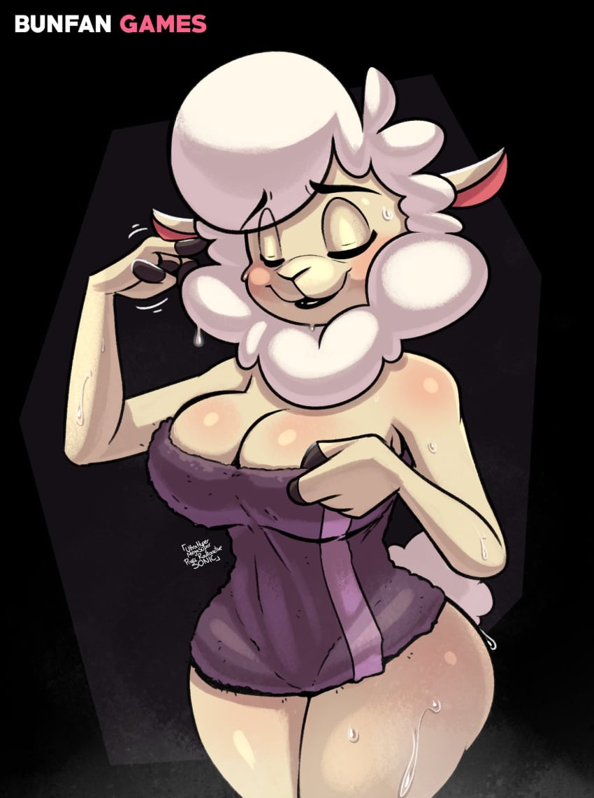 anthro beat_banger big_breasts bovid breasts bunfan_games caprine cleavage closed_eyes dawna_mabel female furry hi_res mammal rose_mabel sheep simple_background solo tail thick_thighs towel ultrahyper