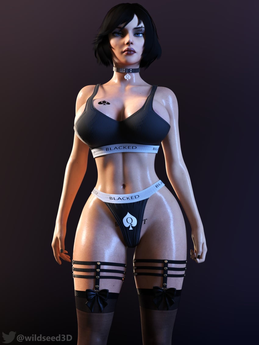 1girls 3d 3d_(artwork) areola_slip areolae bioshock bioshock_infinite blacked blacked_clothing blue_eyes choker cloud_chamber_studios elizabeth_comstock female female_only huge_breasts large_ass large_breasts looking_at_viewer oiled oiled_skin queen_of_spades solo solo_female sports_bra sports_panties tattoo tattoos thong twitter_logo twitter_username wide_hips wildseed3d