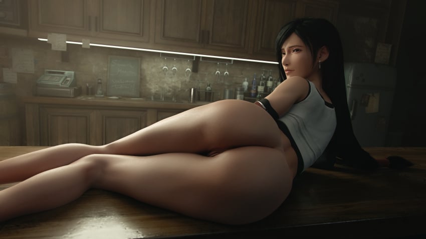 1girls 3d 3d_(artwork) anus ass ass_focus back back_view bare_legs black_hair blender blender_(software) bubble_ass bubble_butt butt_focus cheeks earrings eye_contact eyebrows female female_focus female_only final_fantasy final_fantasy_vii final_fantasy_vii_remake large_ass large_butt leeterr legs legs_together long_legs looking_at_viewer looking_back no_panties no_skirt pussy red_eyes shirt solo solo_female square_enix tied_hair tifa_lockhart vaginal_penetration very_long_hair wallpaper