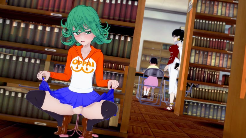 3d 3girls black_socks brown_loafers exhibitionism female_only green_eyes green_hair hiding lifting_skirt lin_lin_(one-punch_man) loafers multiple_girls one-punch_man socks stealth stealth_masturbation stealth_sex tatsumaki thigh_socks thighhighs vibrator_in_pussy zenko_(one_punch_man)