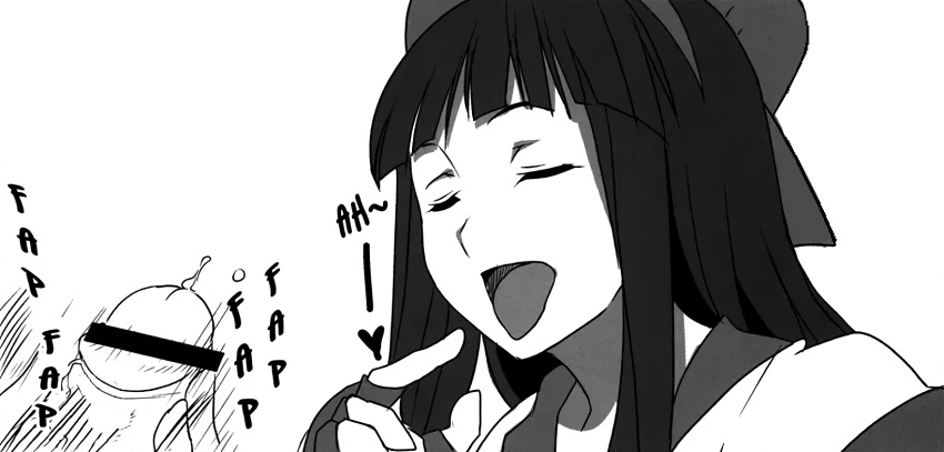 1boy 1girls ainu_clothes aoi_manabu asking_for_it censored closed_eyes cosplay female fingerless_gloves gloves hair_ribbon heart highres hyouka imminent_ejaculation kouchi_ayako long_hair male male_masturbation masturbation monochrome nakoruru nakoruru_(cosplay) open_mouth oral_invitation penis penis_grab pointing pointing_at_self pointless_censoring precum ribbon samurai_shodown smile