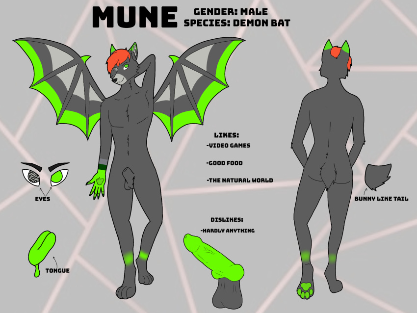 1male animal_genitalia anthro balls bat bat_wings character_sheet fur furry furry_only genitals green_body green_eyes green_fur green_penis green_tongue grey_balls grey_body grey_fur grey_tail hair hi_res knot male mammal multicolored_body multicolored_fur mune munetenma pawpads penis pteropodid red_hair reference_image reference_sheet sheath solo static_eye tongue toxic_tragedy wings