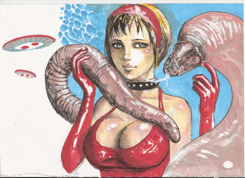 1boy 1girls alien alien_boy bare_shoulders collar einherja elbow_gloves facing_viewer female flying_saucer hand_drawn interspecies looking_at_viewer male no_bra red_dress red_gloves saliva saliva_string short_hair tagme tentacle ufo upper_body