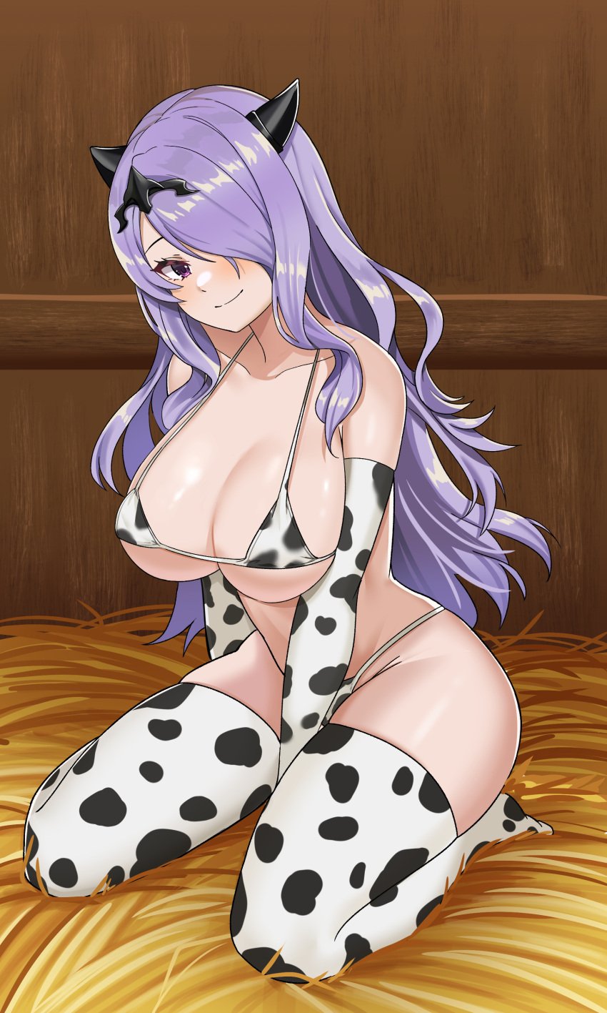 1girls absurdres animal_print bare_shoulders between_legs bikini breasts camilla_(fire_emblem) cleavage cow_print elbow_gloves female female female_only fire_emblem fire_emblem_fates gloves hair_ornament hair_over_one_eye halterneck hand_between_legs hay highres horns large_breasts long_hair looking_at_viewer nintendo print_bikini purple_eyes purple_hair smile solo string_bikini swimsuit thighhighs twomoon white_bikini white_gloves white_thighhighs