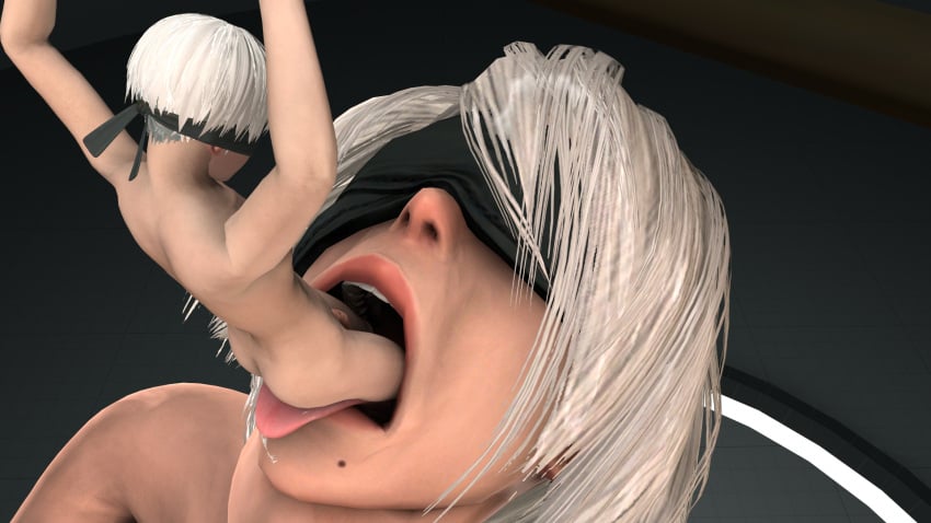 1boy 1girls 3d ass blindfold bobby_mackolatoo female giantess hairband hungrybuttgirls light-skinned_female light-skinned_male light_skin macro male micro nier nier:_automata nude nude_male oral_vore penis short_hair size_difference vore white_hair yorha_2b yorha_9s