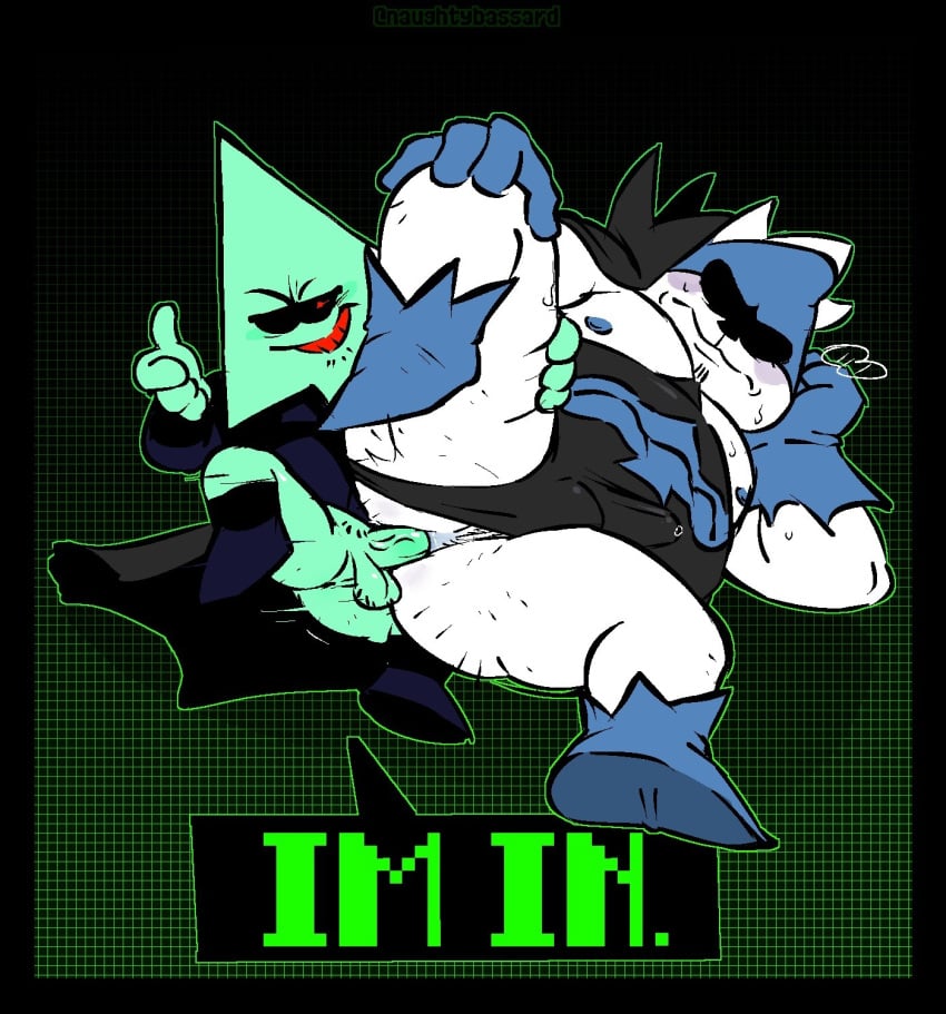 anal_sex annoyed_expression clothed_sex deltarune gay green_balls green_penis green_skin hacker hacker_(deltarune) king_spade male_focus male_on_male male_only naughtybassard sunglasses thumbs_up torquewintress white_skin