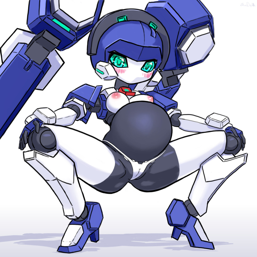 1girls android blazermate blush breasts female female_only highres joints looking_at_viewer mechanical_arms mechanical_legs medarot medium_breasts nepgalle nipples panties pregnant robot robot_girl robot_joints simple_background solo spread_legs squatting topless underwear white_background white_panties