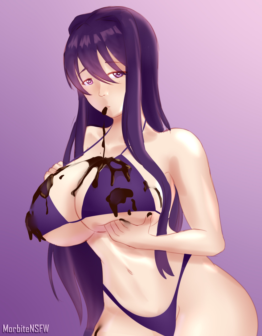 1girls artist_name big_breasts bikini chocolate chocolate_on_body chocolate_on_breasts doki_doki_literature_club female female_focus heart-shaped_pupils holding_breasts holding_breasts_up melted_chocolate morbite purple_bikini_bottom purple_eyes purple_hair solo thick thick_thighs yuri_(doki_doki_literature_club)