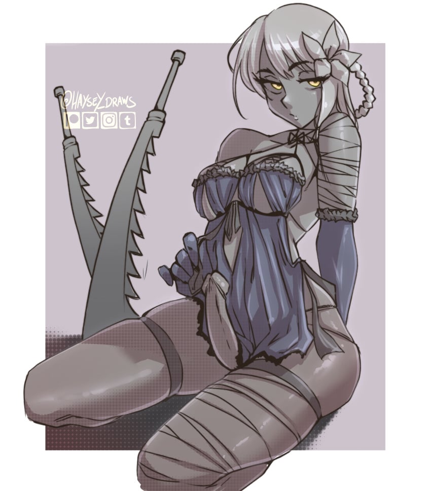 1futa 2d bandage big_breasts big_penis bottomless breasts clothed clothing erect_penis erection futa_only futanari haysey_draws intersex kaine_(nier) light-skinned_futanari light_skin nier nier_replicant partially_clothed penis short_hair sitting solo solo_futa sword white_hair yellow_eyes