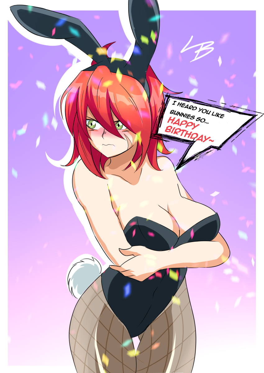 big_breasts blush bunny_ears bunny_tail bunnysuit dragon_ball dragon_ball_super dragon_ball_xenoverse dragon_ball_z female_saiyan green_eyes inbetweengamer kari_(inbetweengamer) oc original_character red_hair saiyan scar_on_face