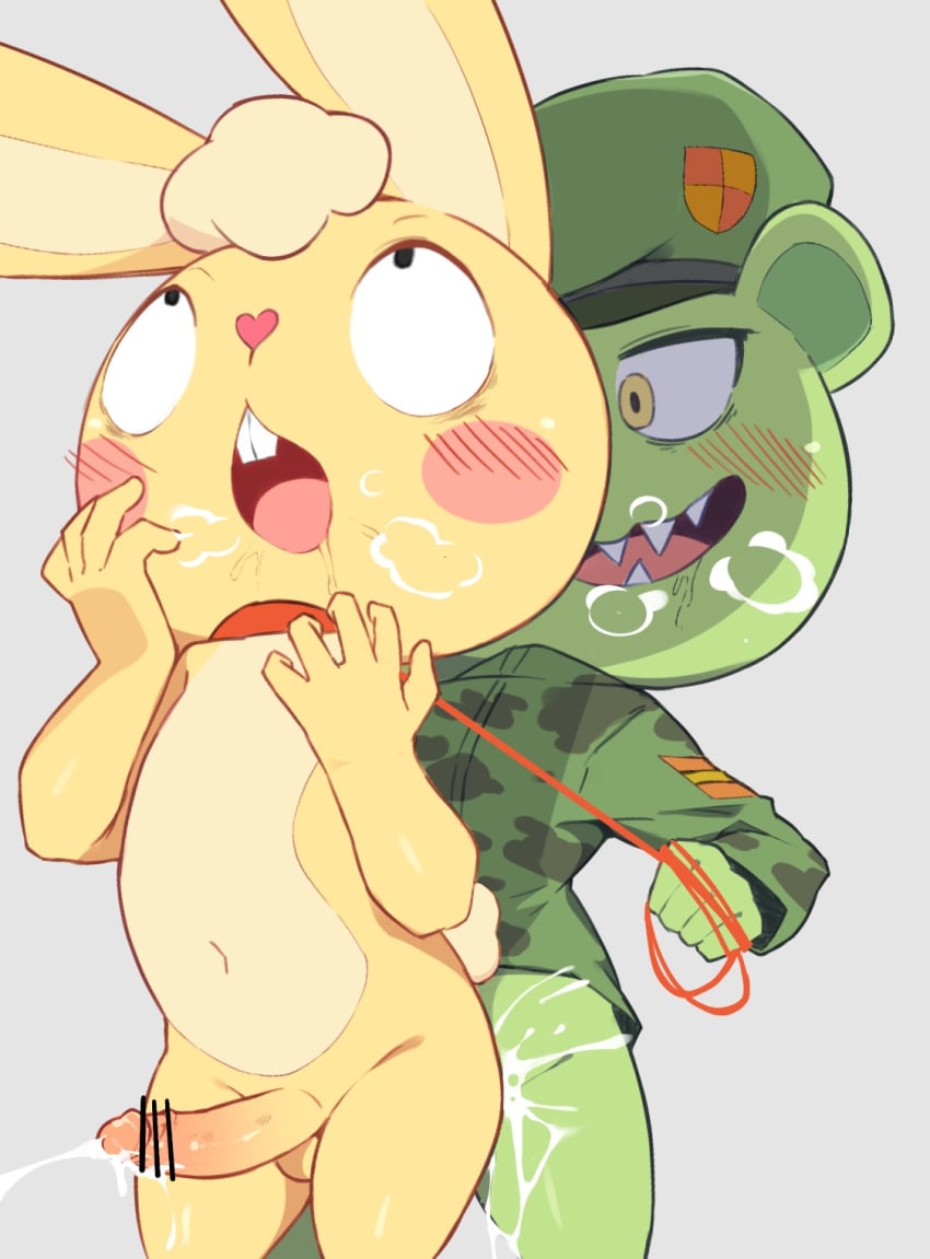 2boys beret blonde_hair blush blush_stickers collar cum ejaculating_while_penetrated ejaculation erection green_hair happy_tree_friends hat highres leash military military_uniform multiple_boys nude open_mouth penis rabbit sex uniform usamimi_(umisag85rabb99) yaoi