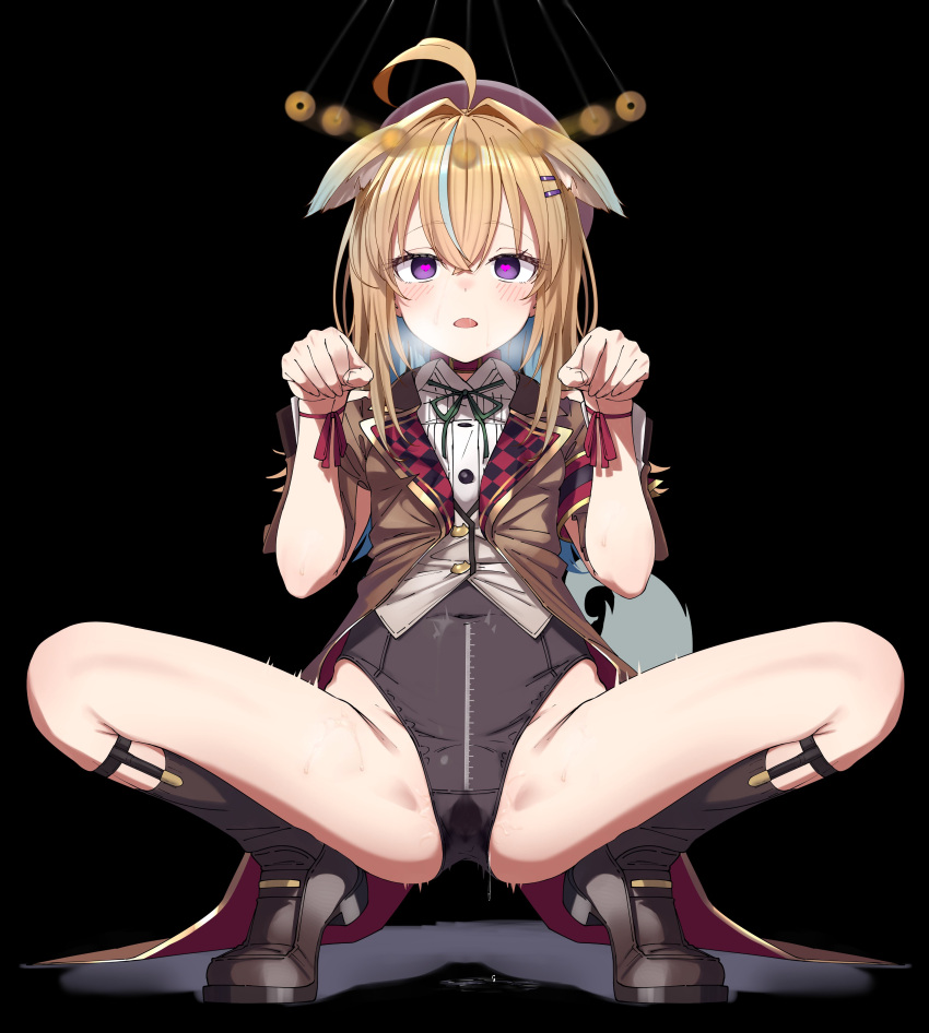 absurdres ahoge animal_ears bangs blonde_hair blush boots breath coin dog_ears dog_tail female gaping hair_ornament hairclip hat heart heart-shaped_pupils highres hypnosis implied_sex jacket leotard leotard_under_clothes mind_control multicolored_hair open_mouth paw_pose penetration_depth_mark purple_eyes ruler shinomu_(cinomoon) shinsougumi shitagai_nora solo spread_legs squatting sweat symbol-shaped_pupils tail virtual_youtuber