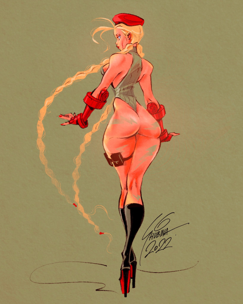 2022 ammo_pouch artist_signature ass blonde_hair blue_eyes cammy_white capcom fingerless_gloves high_heel_boots high_heels hourglass_figure looking_back_at_viewer sideboob street_fighter sveta_shubina thigh_pouch thigh_strap twin_braids