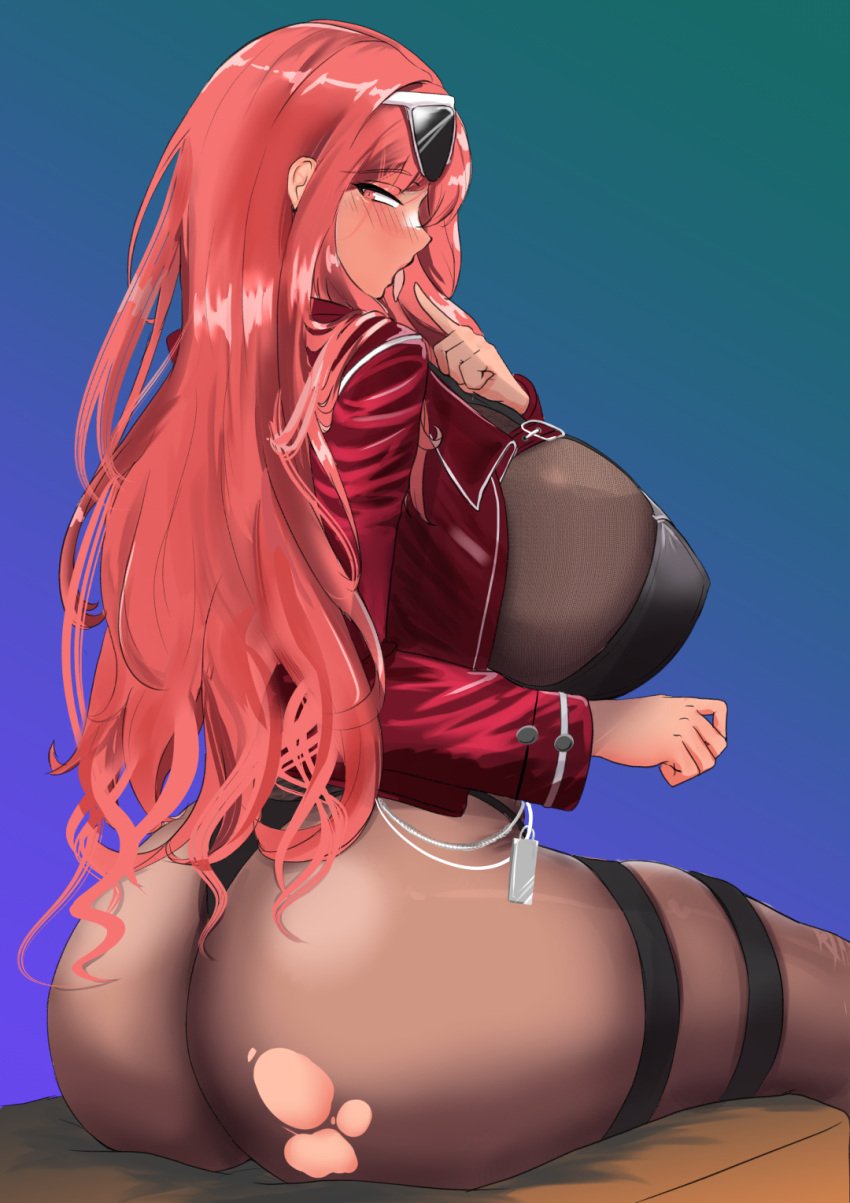 1girls ass big_ass big_breasts breasts dat_ass female female_only goddess_of_victory:_nikke hair huge_ass huge_breasts jacket long_hair looking_back perselon pink_eyes pink_hair red_jacket solo solo_female sunglasses sunglasses_on_head thick_thighs thighs tongue tongue_out volume_(nikke)