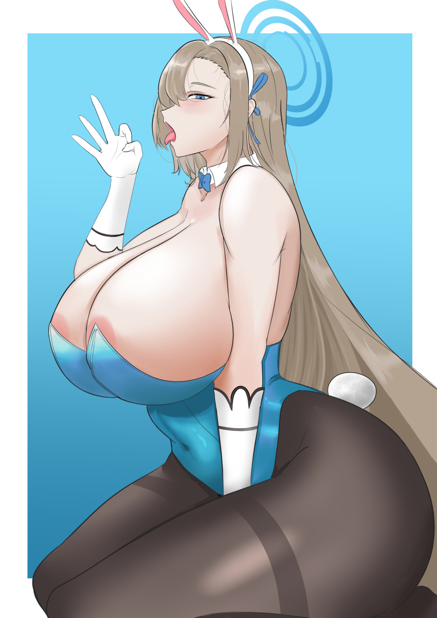 1girls alternate_version_available areola_slip areolae armwear asking_for_it ass asuna_(blue_archive) asuna_(bunny)_(blue_archive) big_ass big_breasts blue_archive blue_bunnysuit blue_eyes breasts bunny_ears bunny_tail bunnysuit fake_animal_ears fake_tail fellatio_gesture female female_only hair hair_over_one_eye hand_gesture huge_breasts long_hair looking_at_viewer open_mouth perselon solo solo_female thick_thighs thighs tongue tongue_out