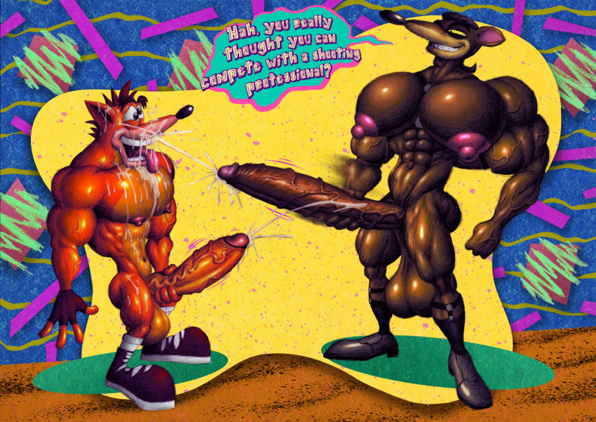 activision anthro ass balls bandicoot big_penis bodily_fluids breasts clothing crash_(series) crash_bandicoot cum cumming_together duo footwear footwear_only fur gay genital_fluids genitals hi_res long_penis looking_at_another looking_pleasured macropod male male/male male_only mammal marsupial masturbation mostly_nude nipples penis pinstripe_potoroo potoroo shoes shoes_only smule ten-kun text yaoi