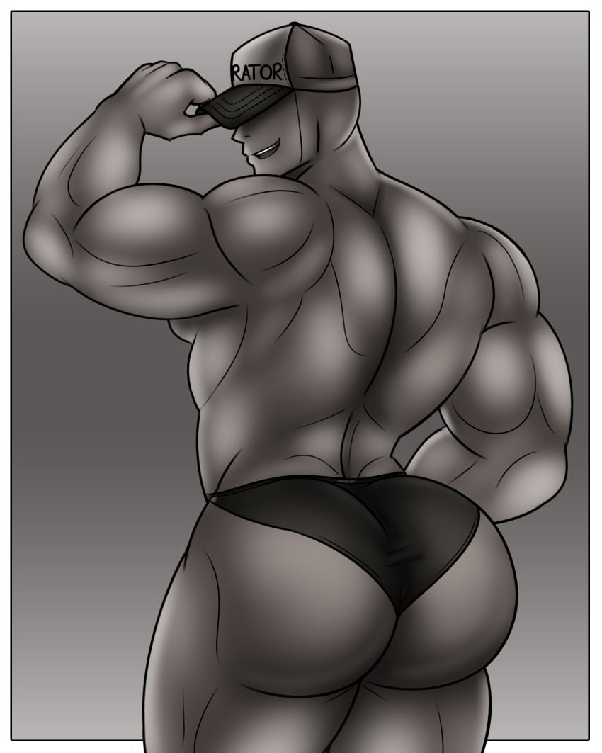 1boy ass ass_focus bara baseball_cap big_ass cap eyeless gay grey_body male male_only megasonic20 monster_prom muscles muscular narrator_(monster_prom) no_eyes solo solo_male underwear