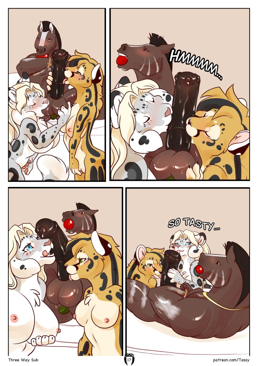 absurd_res anthro apple_in_mouth big_breasts blonde_hair breasts brown_body brown_fur brown_stripes cheetah claire_(tfp) comic cooking cooking_with_furs dialogue english_text equid equine felid feline female food food_fetish food_play fur genitals green_eyes hair hi_res horse male mammal masturbation page_17 pantherine penis pussy reiver_(character) samantha_(tfp) snow_leopard stripes tassy tassy_(artist) text the_fangs_palace vaginal_masturbation vaginal_penetration